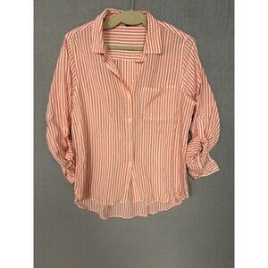 South Moon Under Striped Shirt Women Size M Coral White Roll Tab Sleeve Button